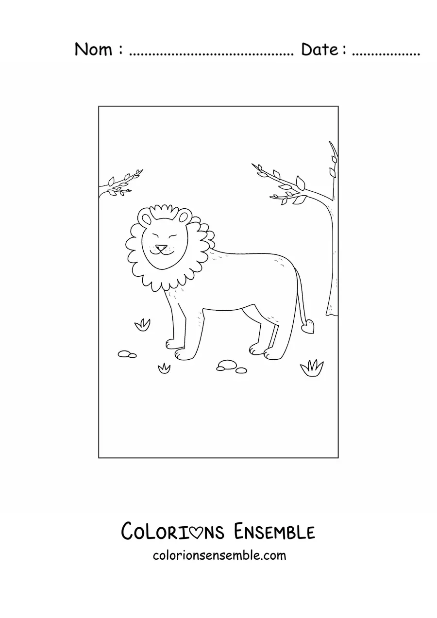 Image à colorier d'un lion tout mignon et souriant dans son habitat naturel
