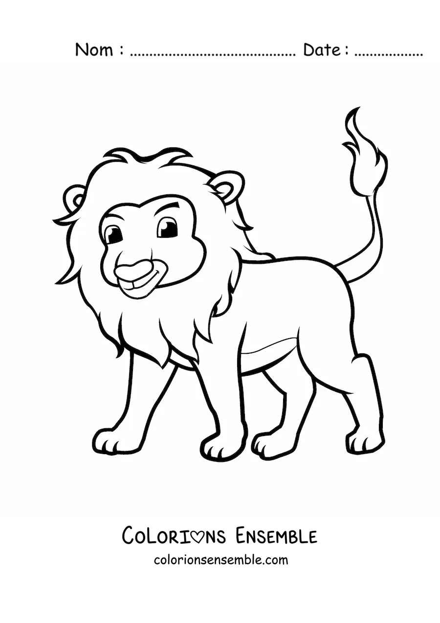 Image à colorier d'un lion de dessin animé debout sur ses quatre pattes
