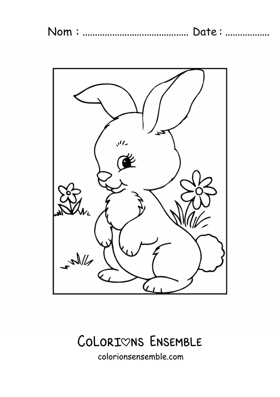 Image à colorier d'un mignon petit lapin dans une prairie fleurie