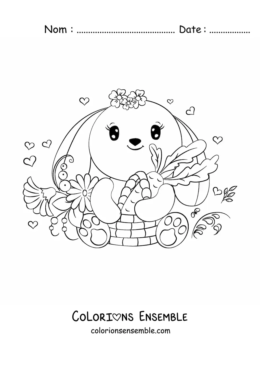 Image à colorier d'un lapin kawaii entouré de fleurs, tenant un panier avec une carotte