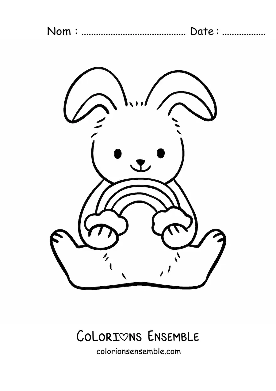 Image à colorier d'un mignon lapin assis tenant un arc-en-ciel