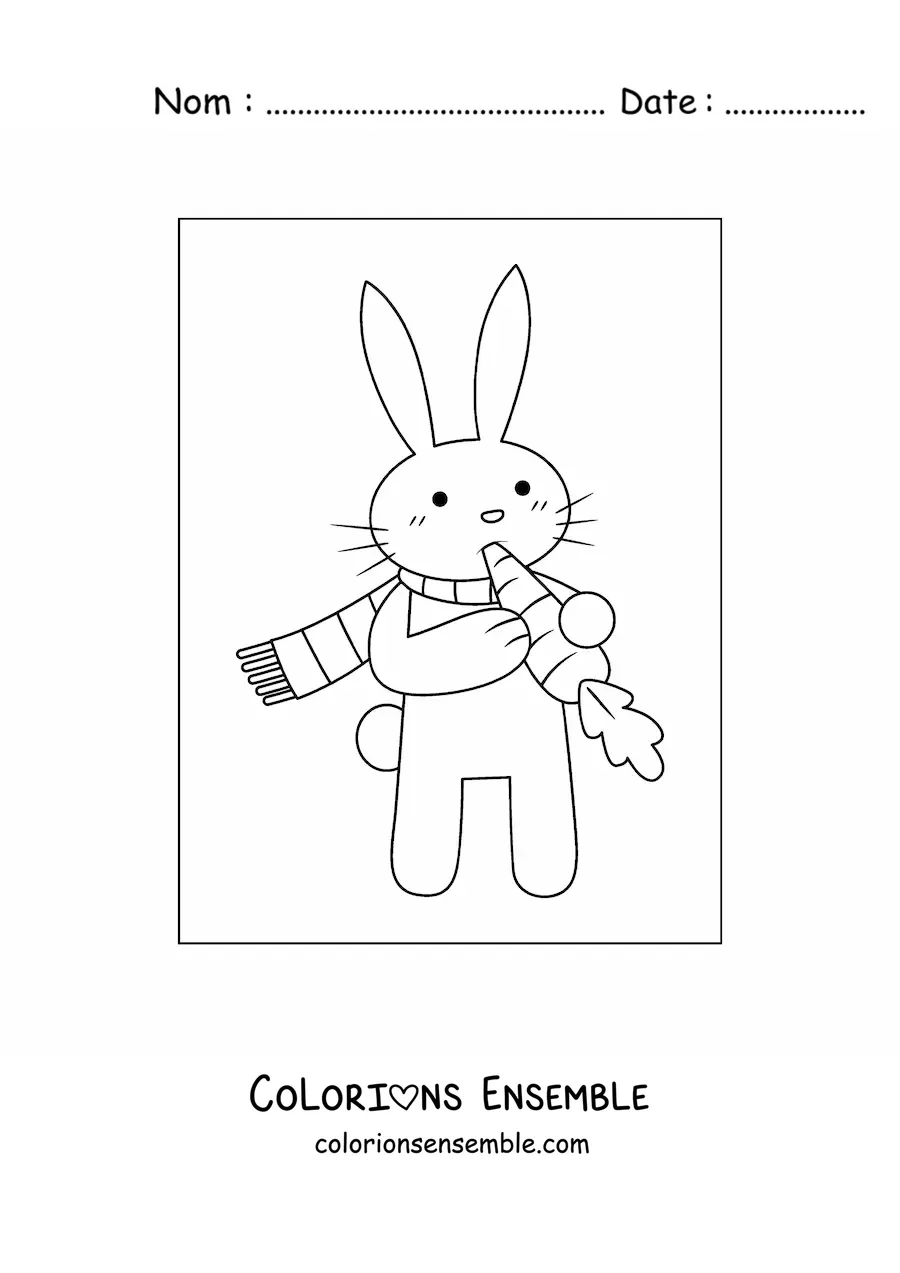 Image à colorier d'un lapin de dessin animé avec une écharpe mangeant une carotte