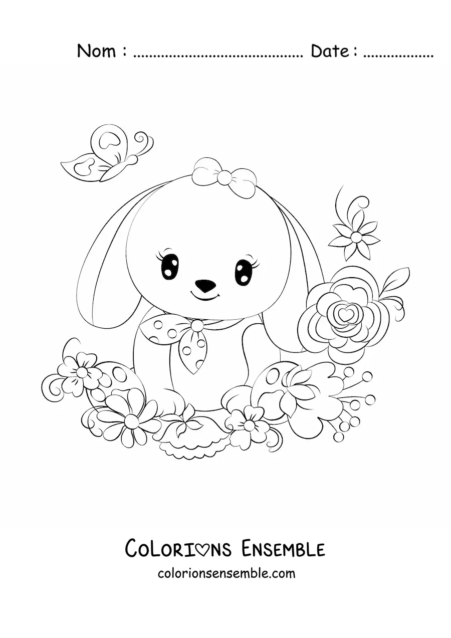 Image à colorier d'un lapin kawaii aux yeux brillants et aux oreilles tombantes entouré de fleurs