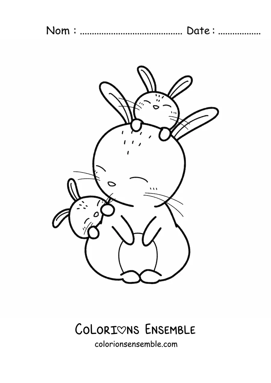 Image à colorier d'une mignonne maman lapine aux côtés de ses deux petits