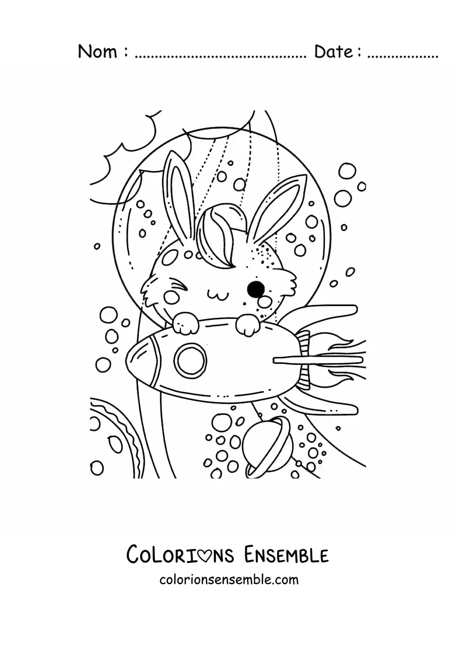 Image à colorier d'un lapin de dessin animé accroché à une fusée dans l'espace