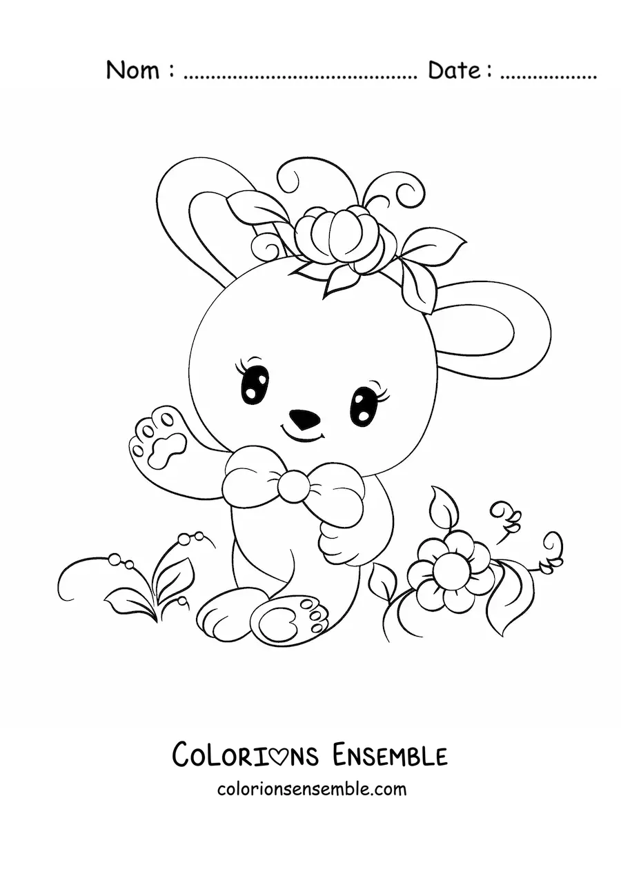 Image à colorier d'un lapin kawaii de dessin animé entouré de fleurs