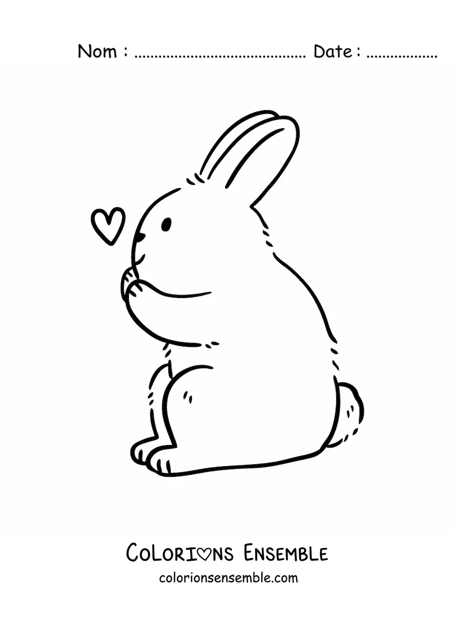 Image à colorier d'un lapin assis de profil avec un petit cœur flottant dans les airs