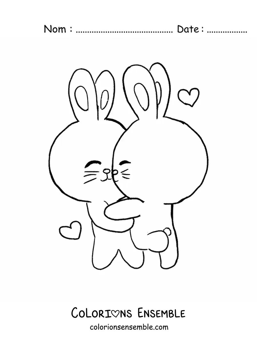 Image à colorier de deux mignons lapins qui se câlinent avec des cœurs flottant autour d'eux