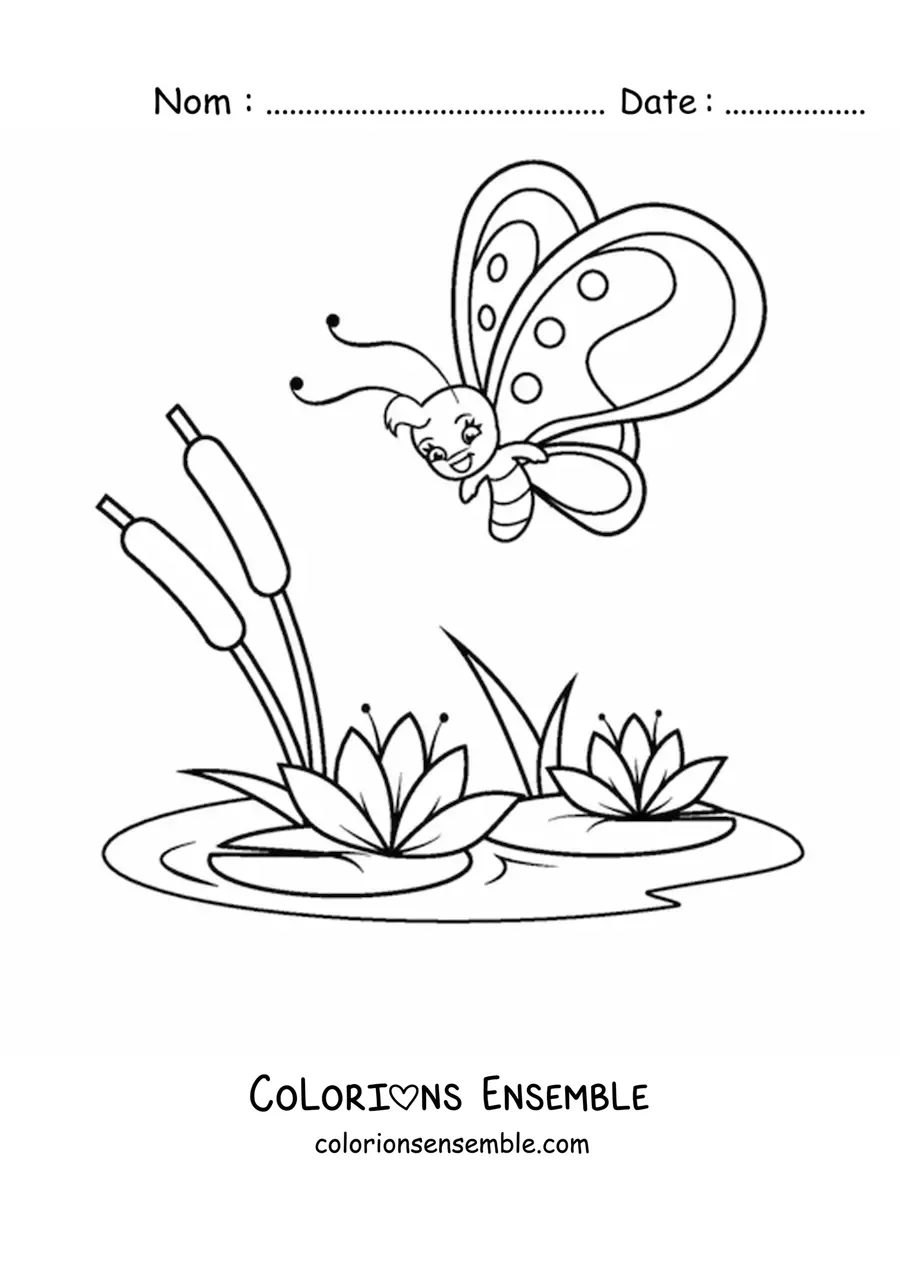 Image à colorier d'un papillon rigolo qui vole vers des nénuphars