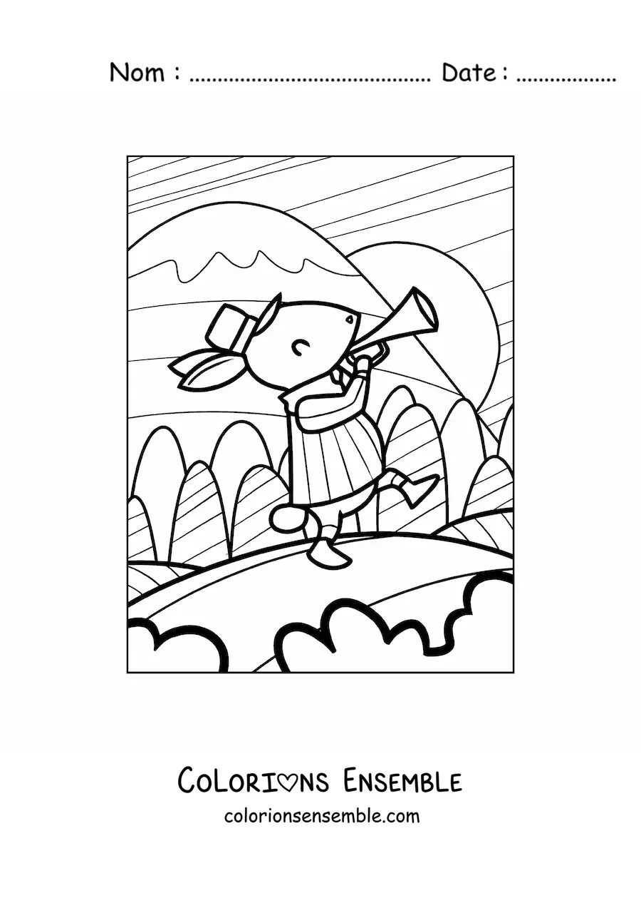 Image à colorier d'un lapin de dessin animé qui marche en jouant de la trompette