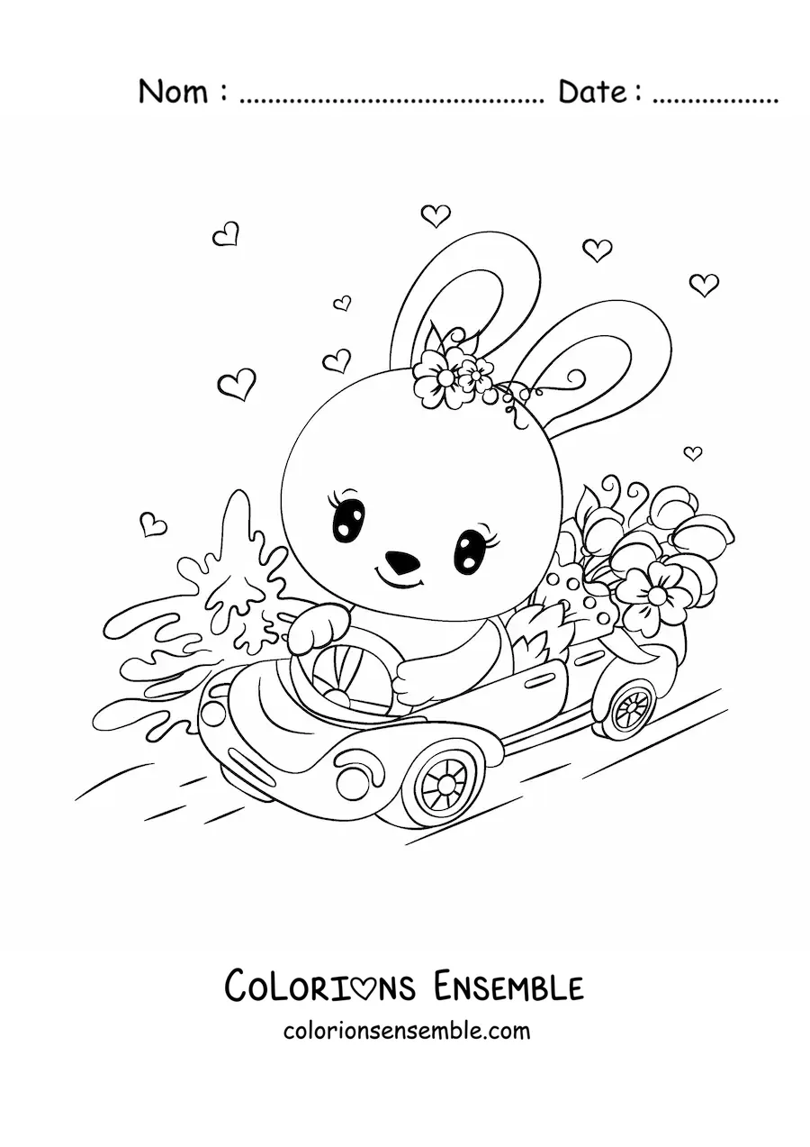 Image à colorier d'un lapin kawaii conduisant une voiture décorée de fleurs