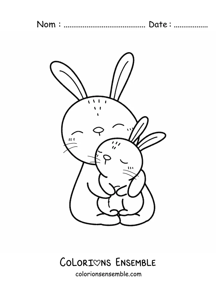 Image à colorier d'une mignonne maman lapine câlinant son petit