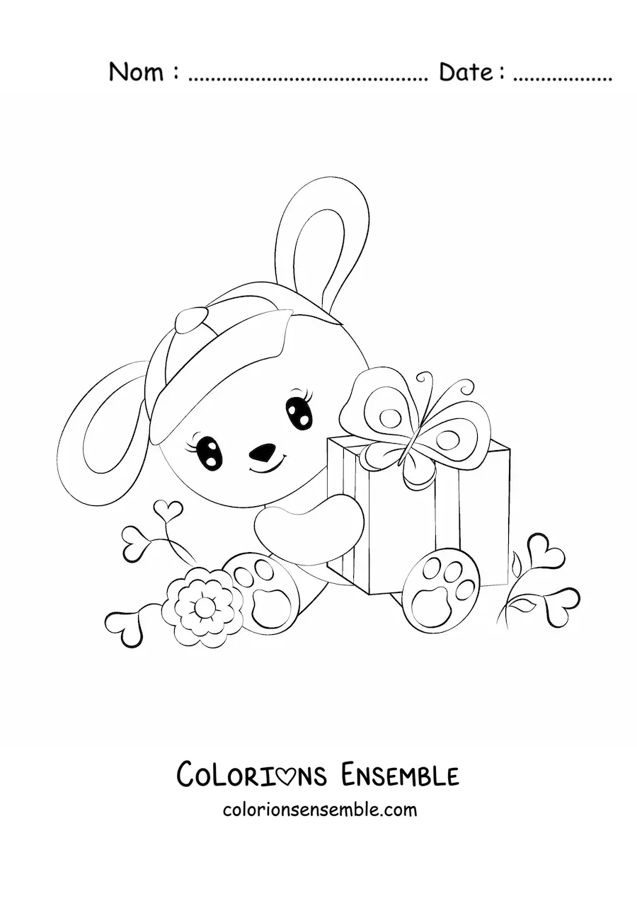 Image à colorier d'un lapin kawaii assis tenant un cadeau, entouré de fleurs