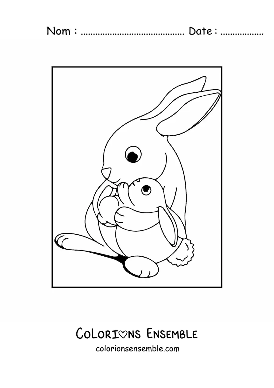 Image à colorier d'une maman lapine tenant un bébé lapin dans ses bras