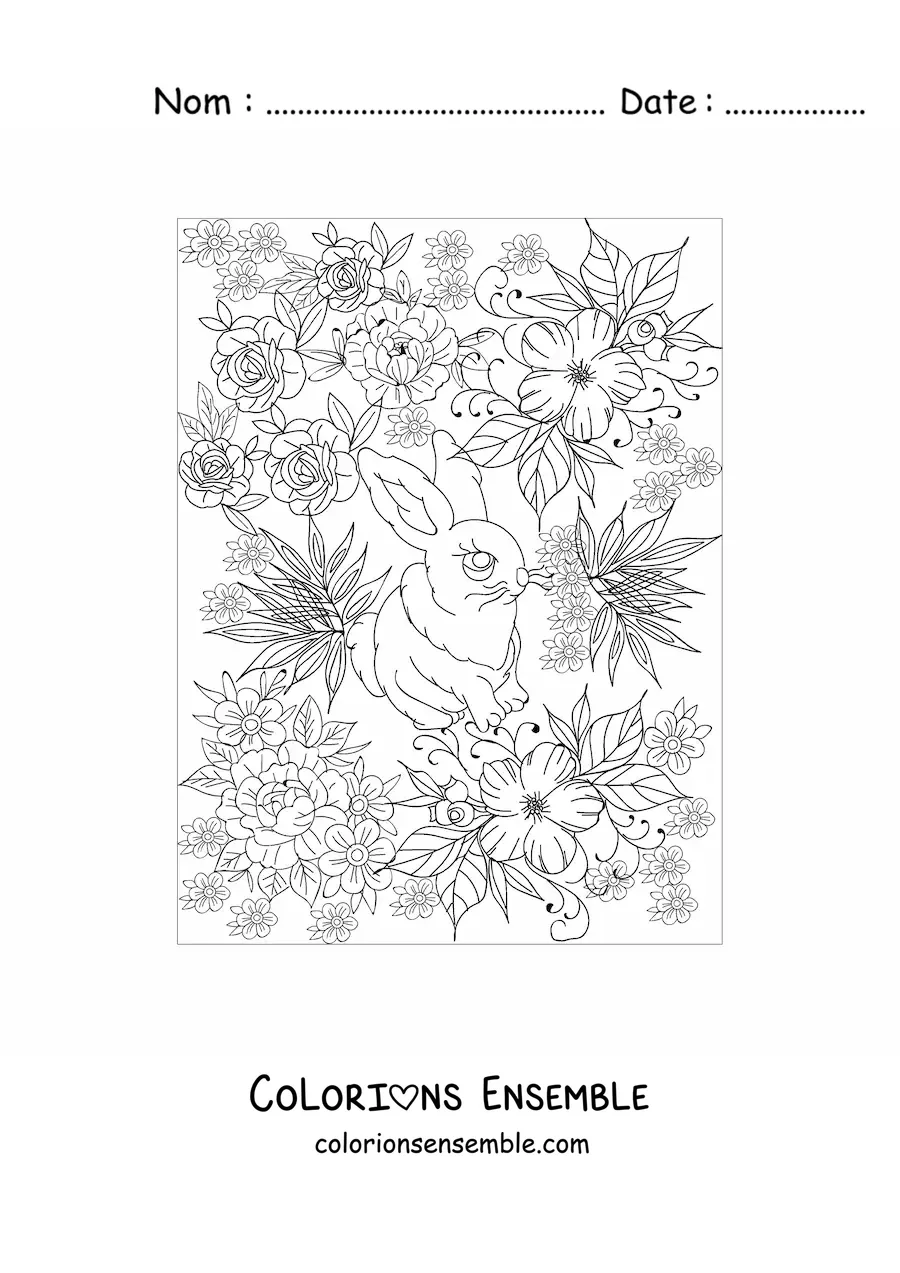 Image à colorier d'un petit lapin aux grands yeux entouré de fleurs