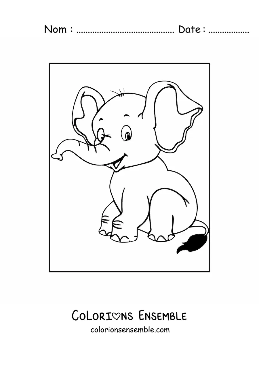 Image à colorier d'un mignon bébé éléphant assis et souriant