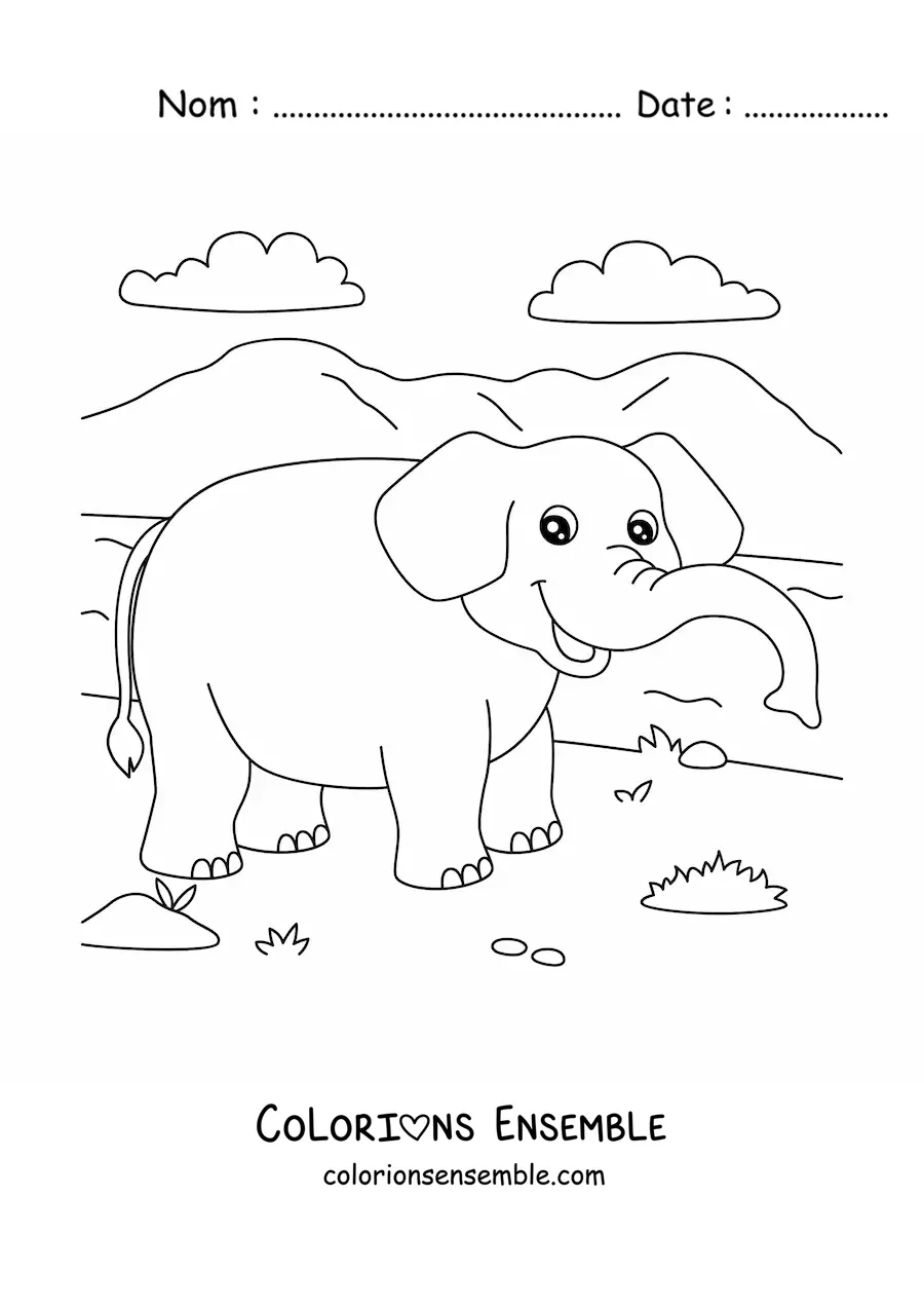 Image à colorier d'un éléphant de dessin animé marchant dans la savane