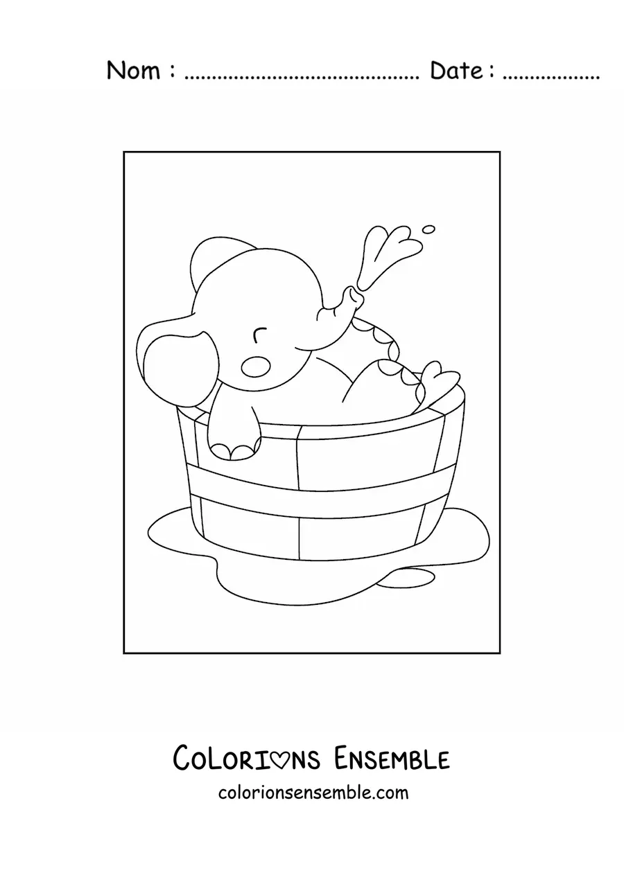 Image à colorier d'un bébé éléphant kawaii dans une baignoire se lavant avec sa trompe