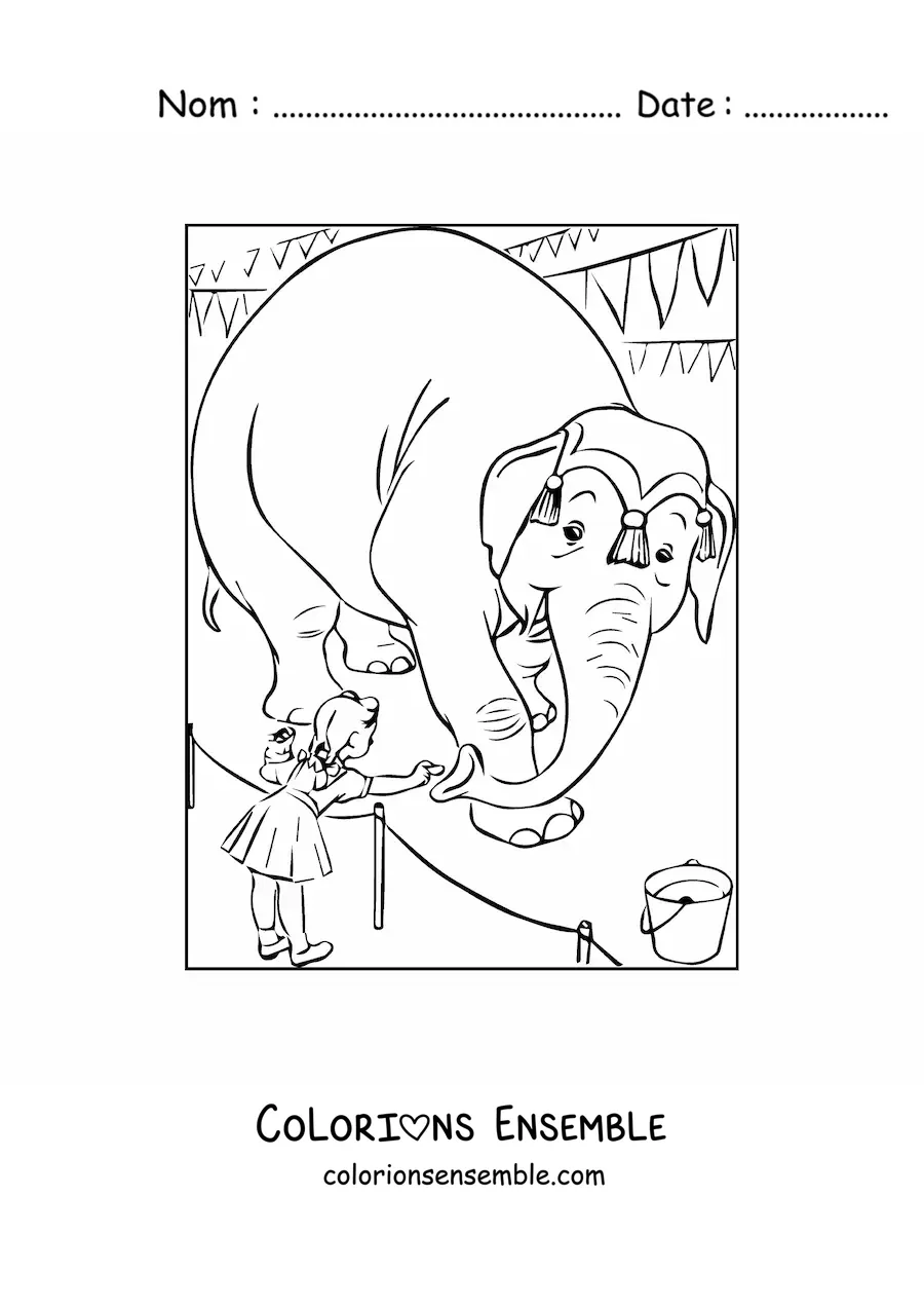 Image à colorier d'une fillette nourrissant un éléphant de cirque