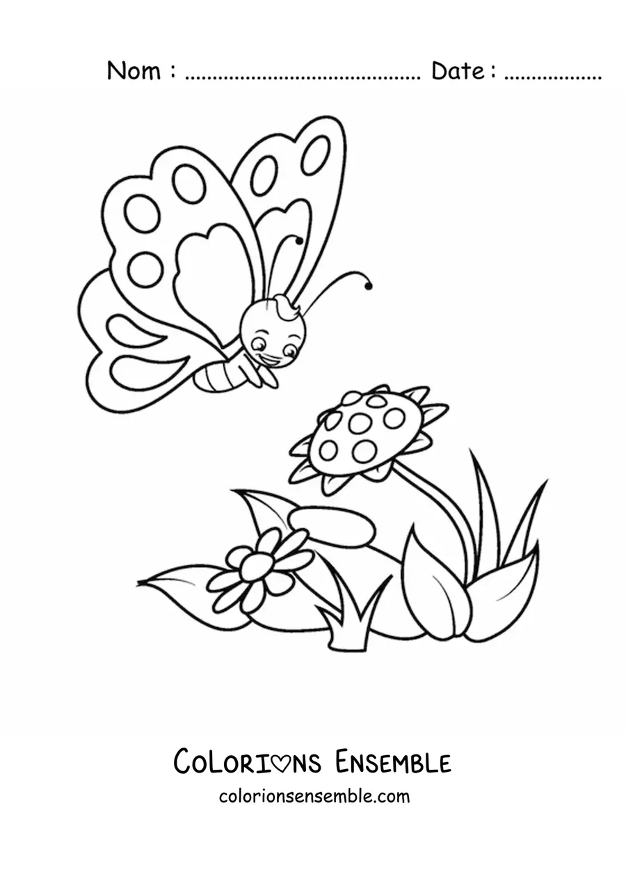 Image à colorier d'un papillon rigolo qui s'approche de deux fleurs