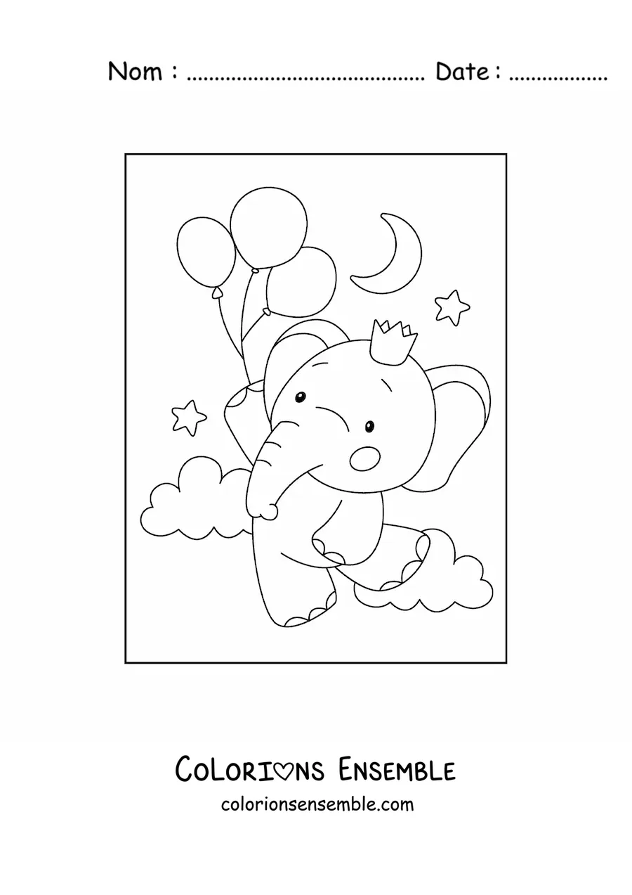 Image à colorier d'un bébé éléphant kawaii avec une couronne flottant accroché à des ballons