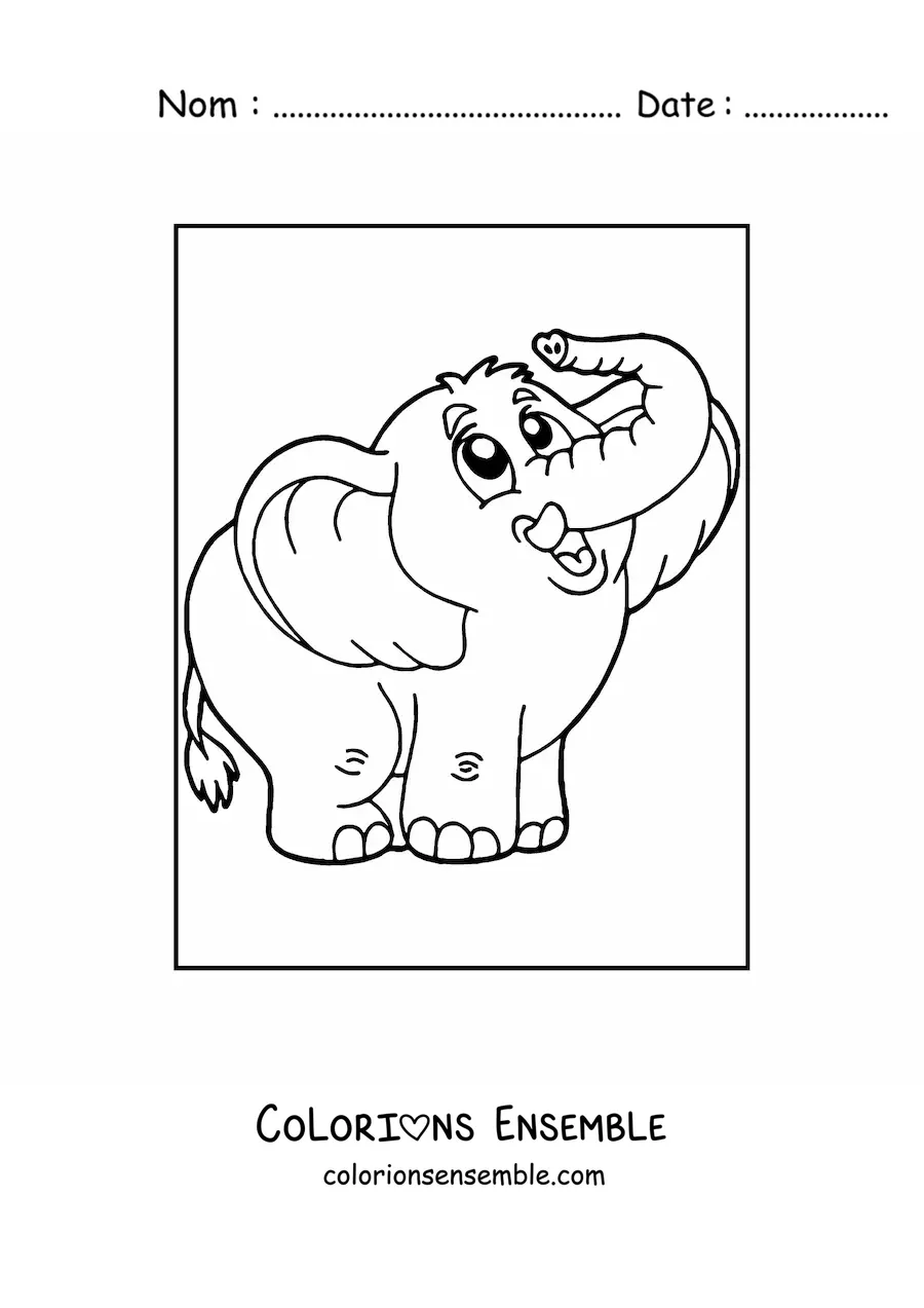 Image à colorier d'un mignon éléphant avec la trompe relevée vers le haut