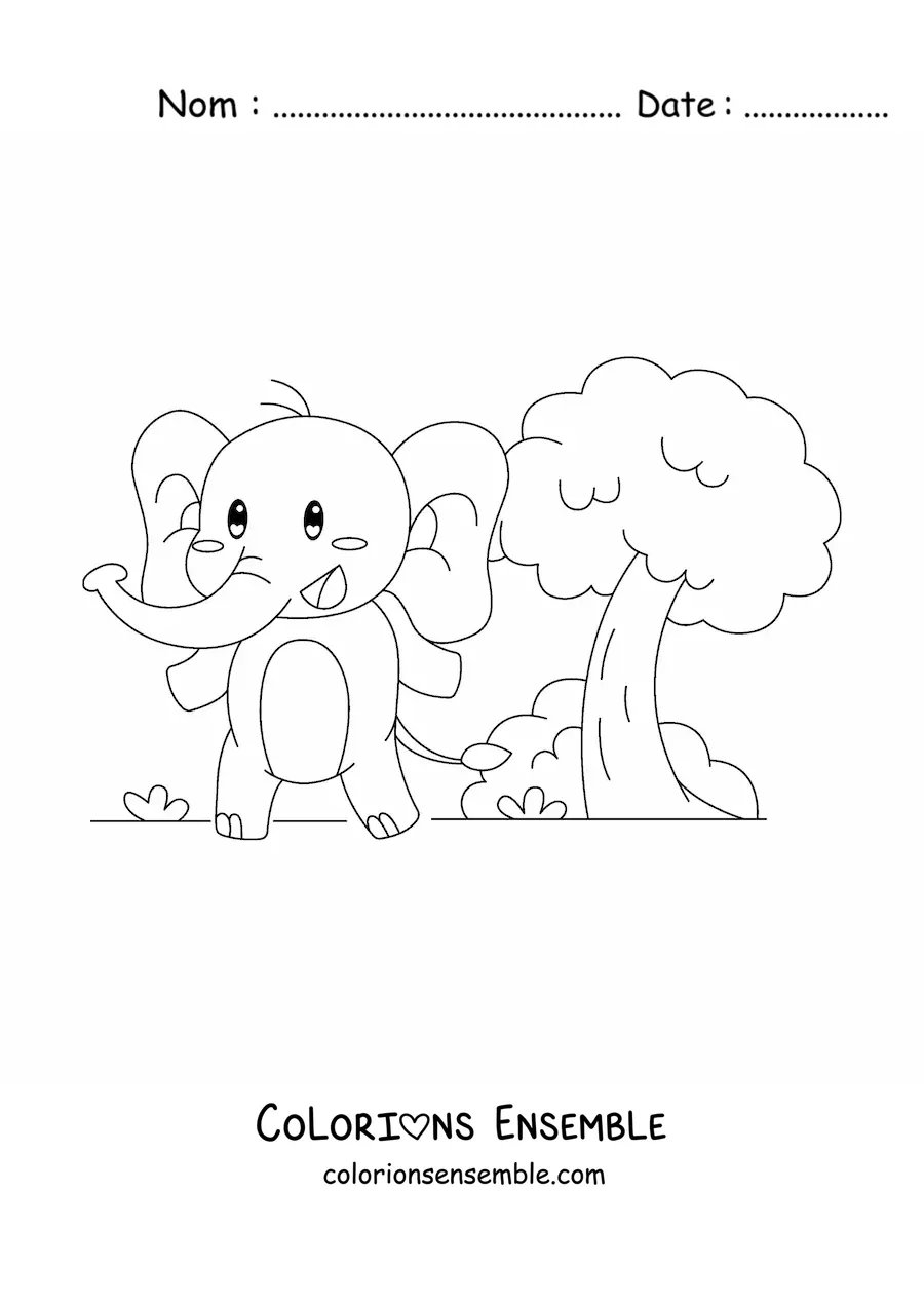 Image à colorier d'un éléphant kawaii de dessin animé debout sur deux pattes dans un paysage avec des arbres