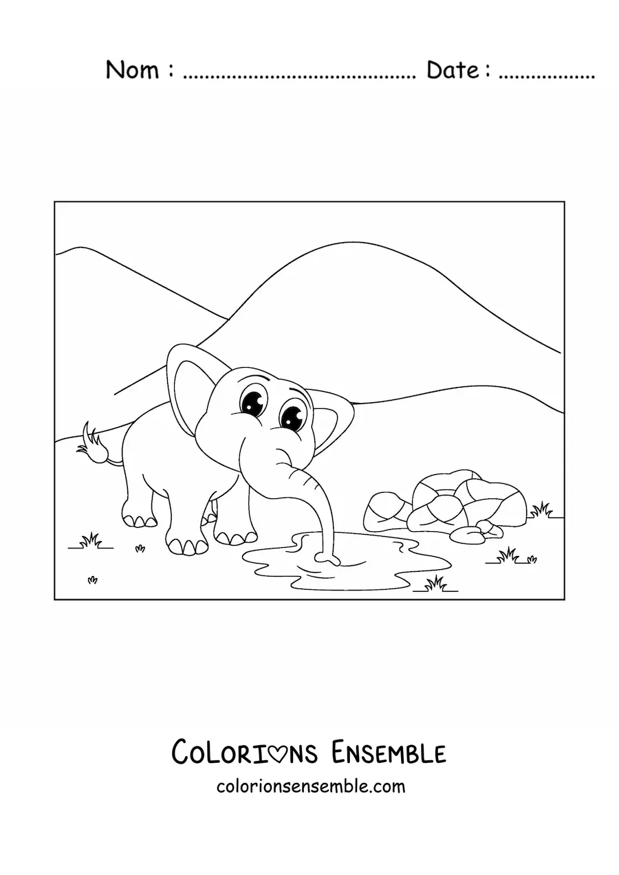 Image à colorier d'un mignon éléphant de dessin animé buvant l'eau d'une mare dans la savane