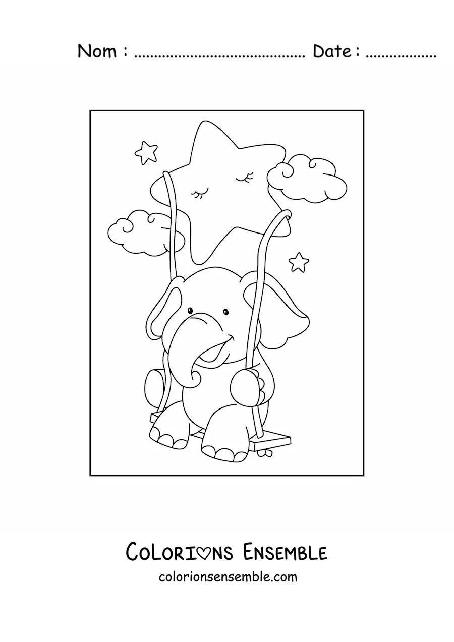 Image à colorier d'un éléphant kawaii assis sur une balançoire suspendue à une étoile rigolote
