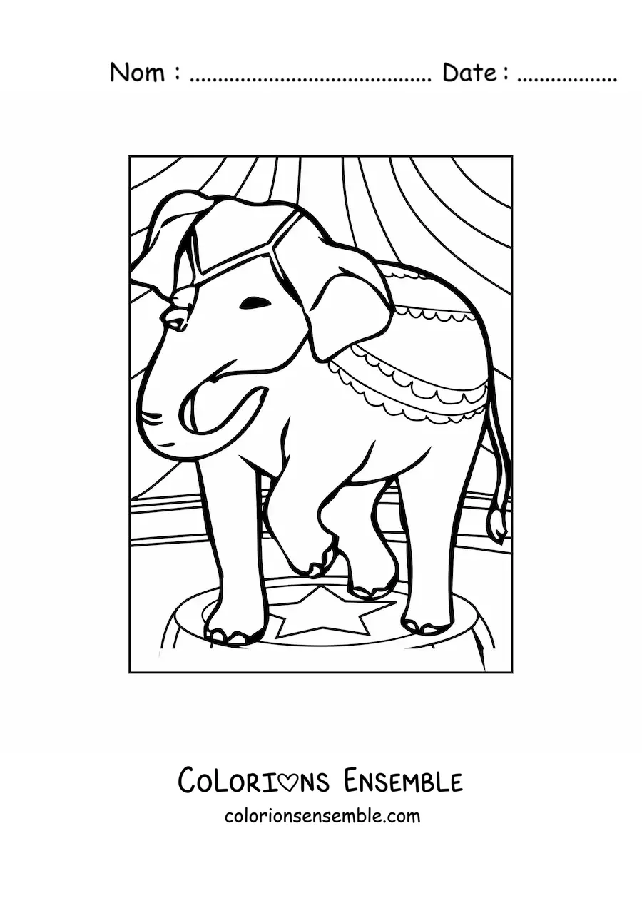Image à colorier d'un éléphant de cirque décoré, debout sur un piédestal