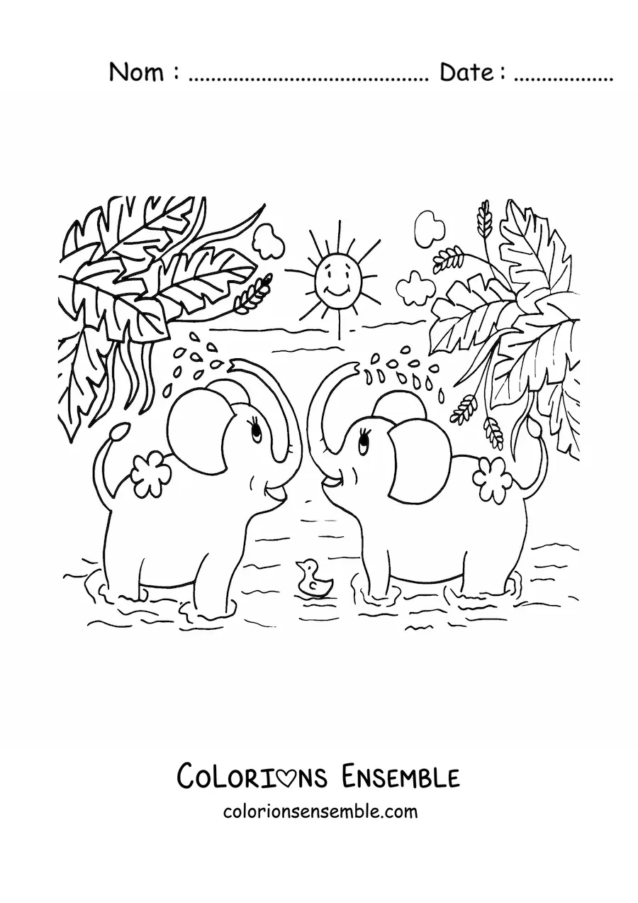 Image à colorier d'un couple d'éléphants de dessin animé se baignant dans la jungle par une journée ensoleillée