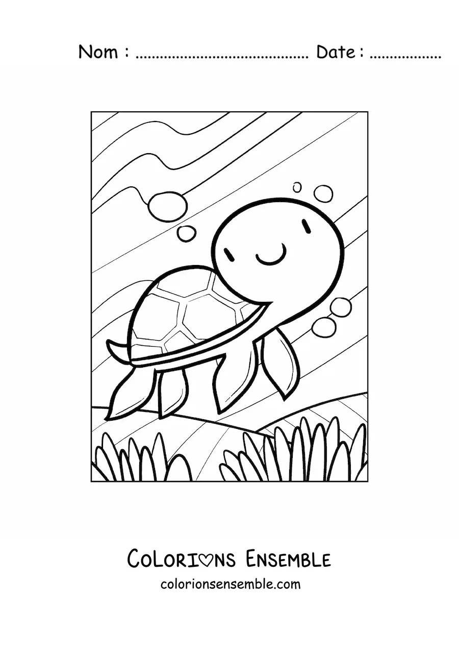 Image à colorier d'une tortue de mer kawaii nageant au fond de la mer
