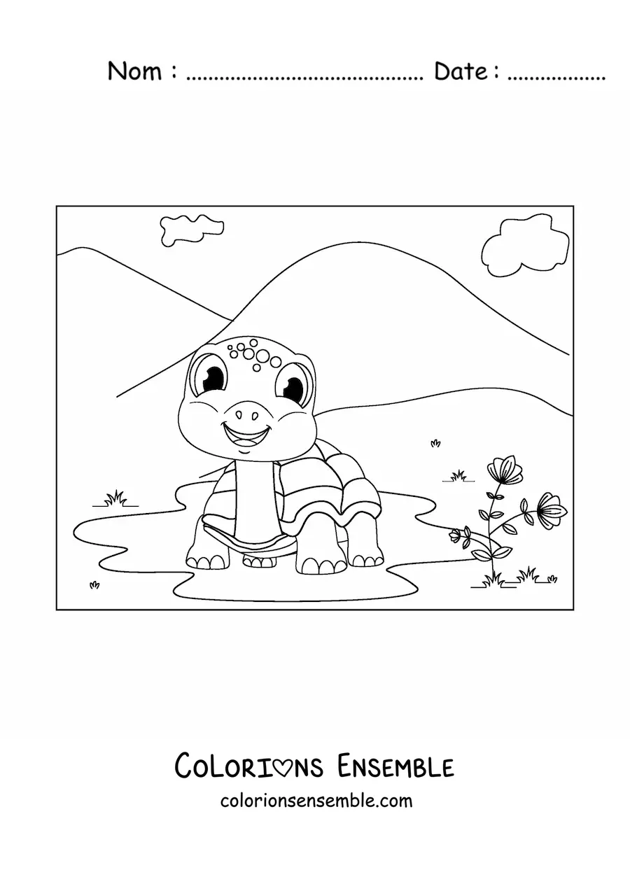 Image à colorier d'une tortue terrestre de dessin animé souriante dans une flaque, dans un paysage de montagnes