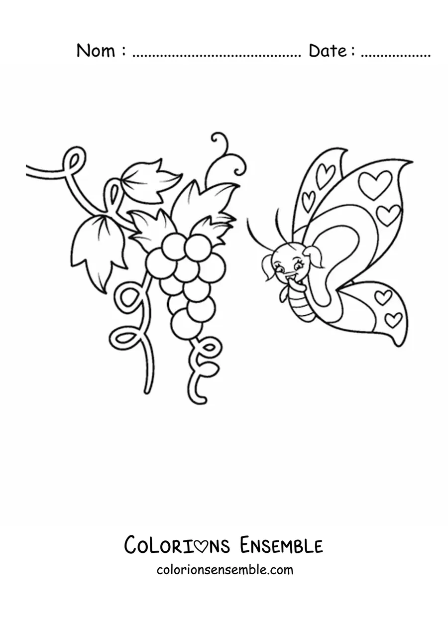 Image à colorier d'un papillon rigolo qui vole près de raisins