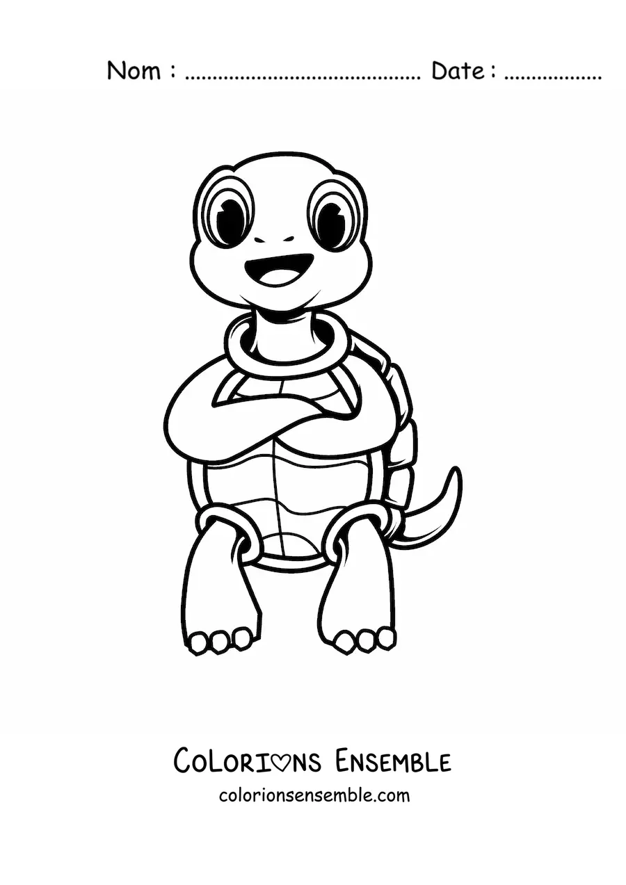Image à colorier d'une tortue de dessin animé debout sur deux pattes, les bras croisés