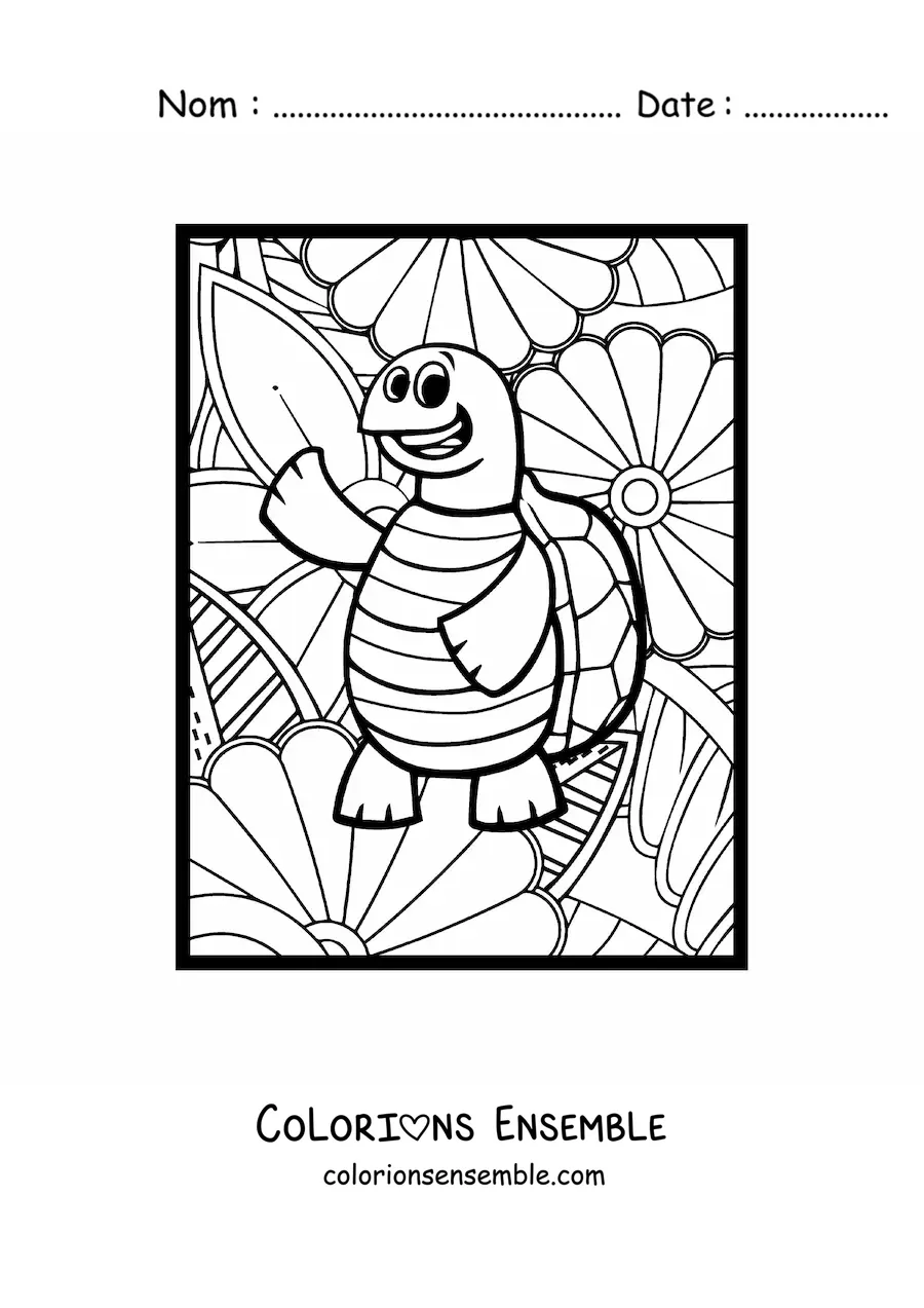 Image à colorier d'une tortue de dessin animé rigolote qui salue, avec des fleurs en fond
