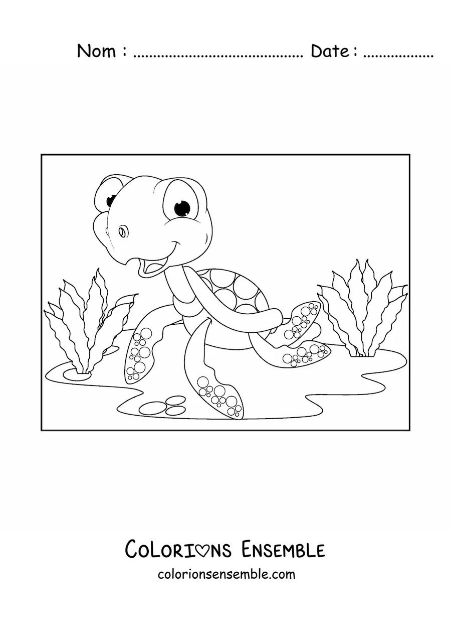 Image à colorier d'une tortue de mer de dessin animé au fond de la mer