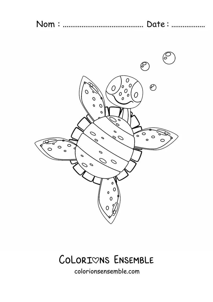 Image à colorier d'une tortue de mer de dessin animé vue d'en bas