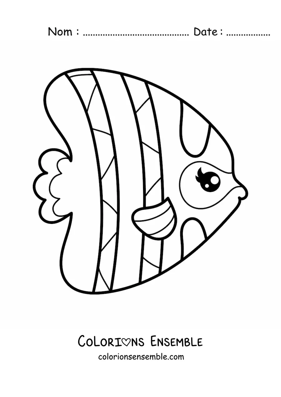 Image à colorier d'un poisson-ange kawaii avec des cils, de profil droit