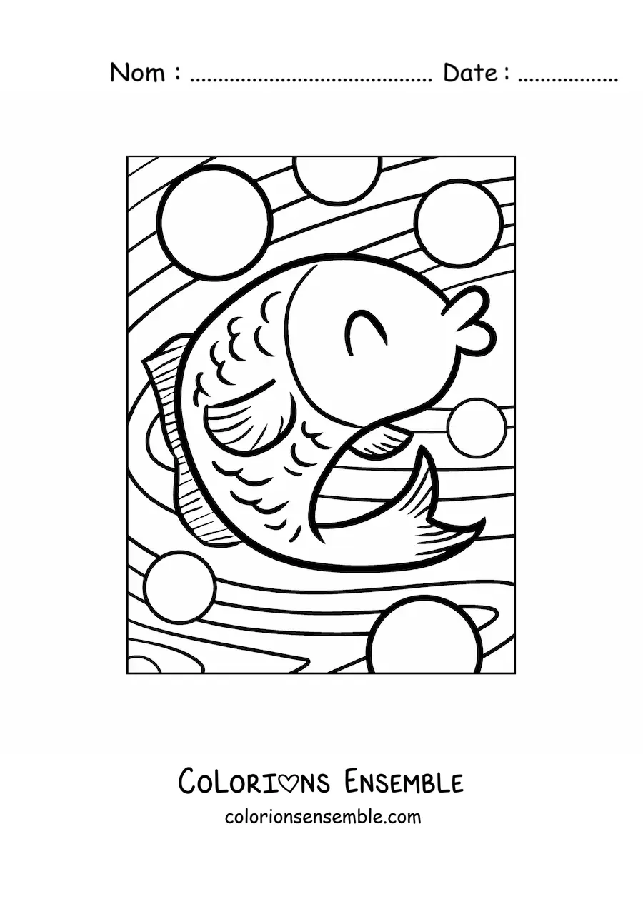 Image à colorier d'un poisson de dessin animé heureux nageant dans la mer parmi des bulles, les yeux fermés