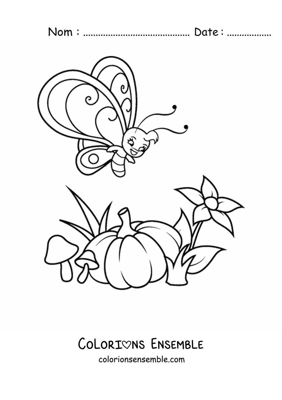 Image à colorier d'un papillon rigolo qui vole près d'une citrouille