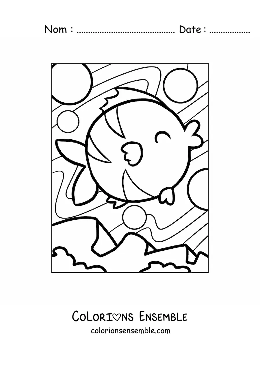 Image à colorier d'un poisson de dessin animé heureux nageant parmi des bulles dans l'eau