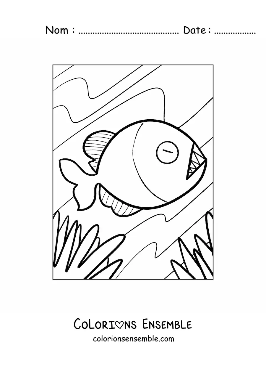 Image à colorier d'un piranha de dessin animé nageant au fond de la rivière