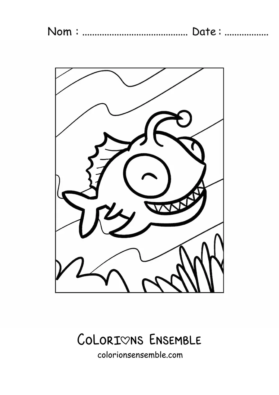 Image à colorier d'un poisson-lanterne de dessin animé souriant nageant au fond de la mer