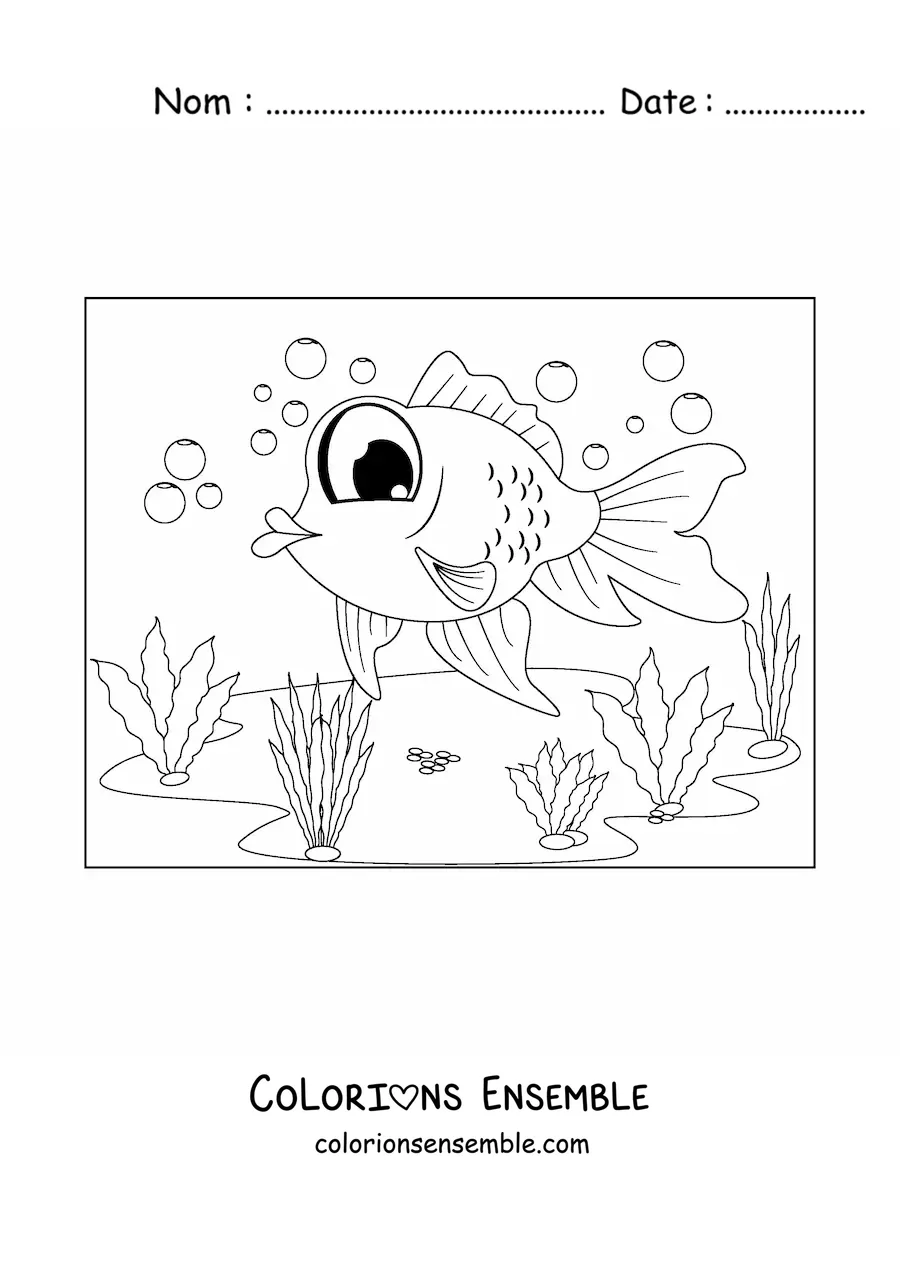 Image à colorier d'un poisson rouge de dessin animé aux grands yeux nageant parmi les algues