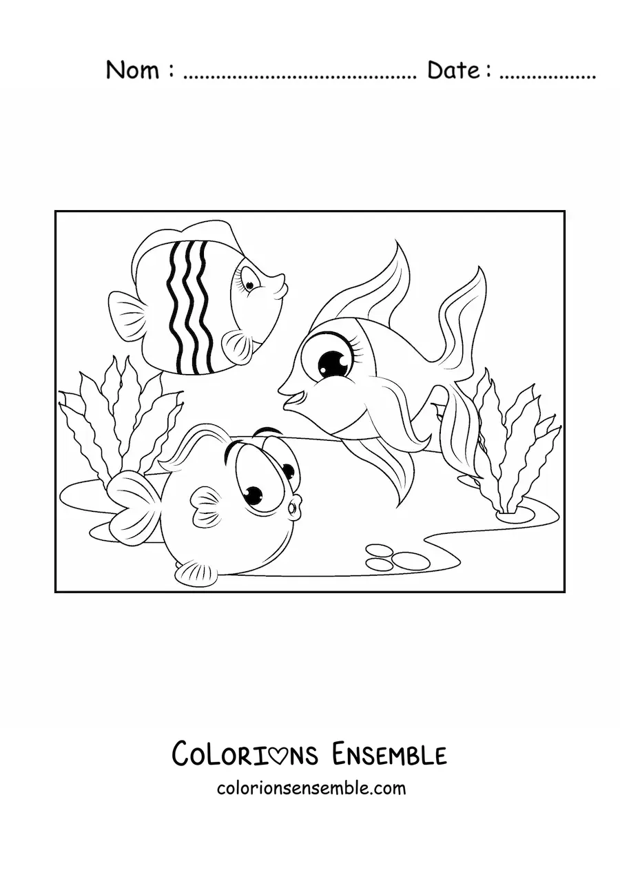 Image à colorier de trois poissons de dessin animé nageant ensemble parmi les algues marines