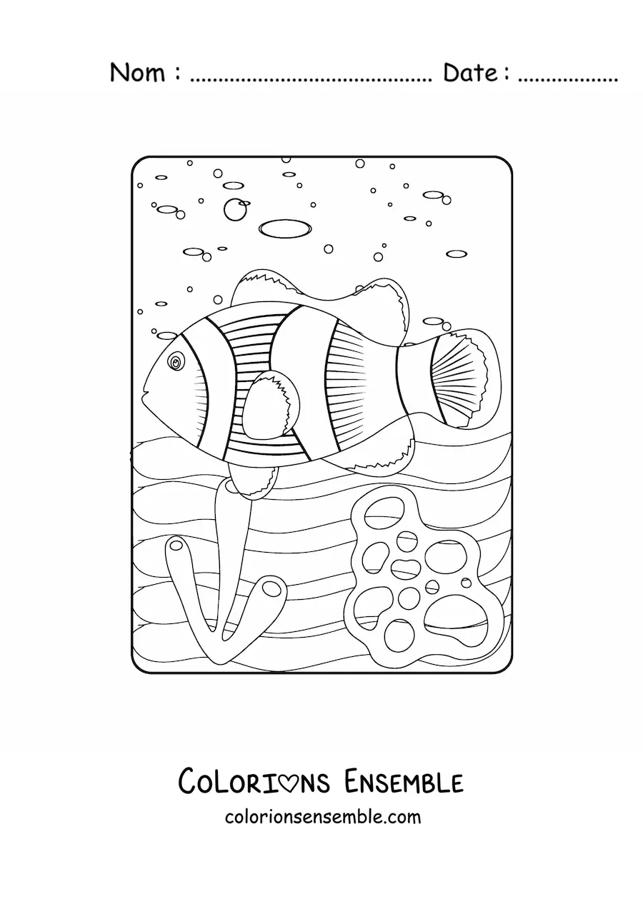 Image à colorier d'un poisson-clown nageant parmi les coraux dans la mer