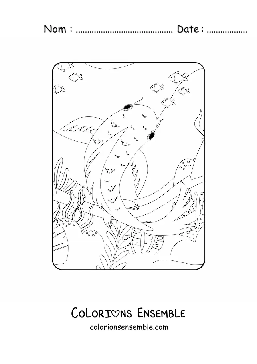 Image à colorier d'un poisson koï nageant dans le récif avec d'autres poissons