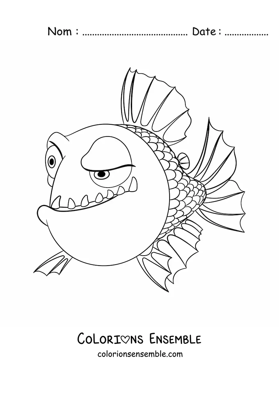 Image à colorier d'un piranha de dessin animé à l'air méfiant