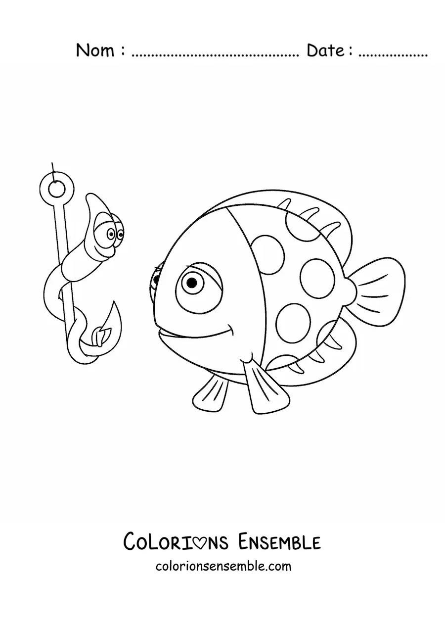 Image à colorier d'un poisson de dessin animé à côté d'un ver de dessin animé accroché à un hameçon